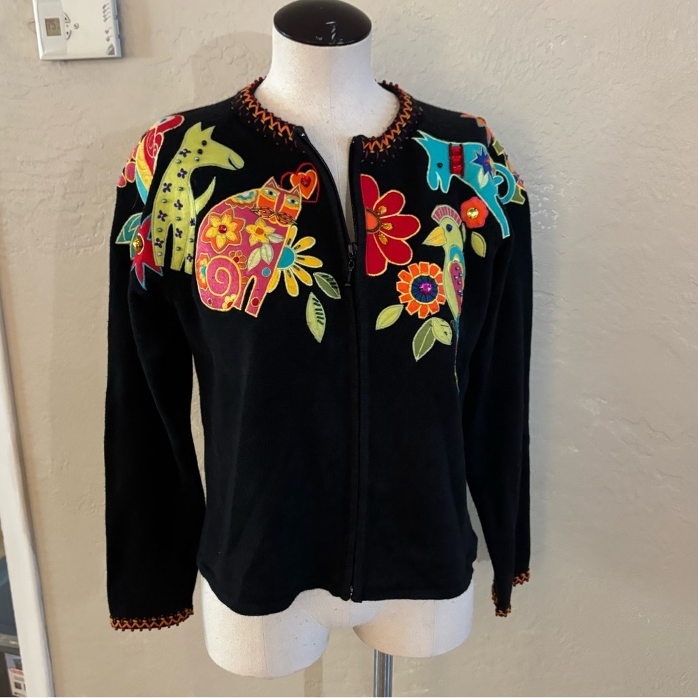 Women’s Vintage Arriviste Zip-Front Knit Sweater/ jacket Animal Appliqués Sz M